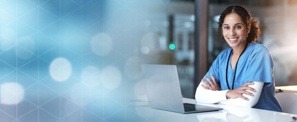A female doctor wearing blue scrubs is participating in a digital program