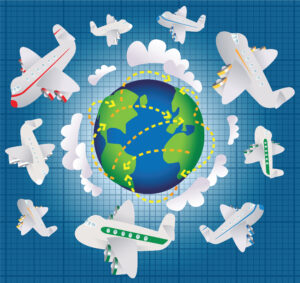 Airplanes flying around the globe; virtual meetings and events are superior from a sustainability perspective