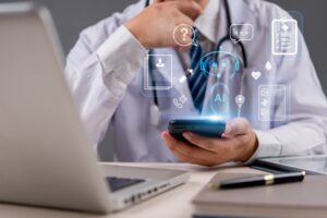 Futuristic AI assistant for online medical consultation and healthcare analytics. Artificial intelligence healthcare enhancing remote consultation and patient care. 