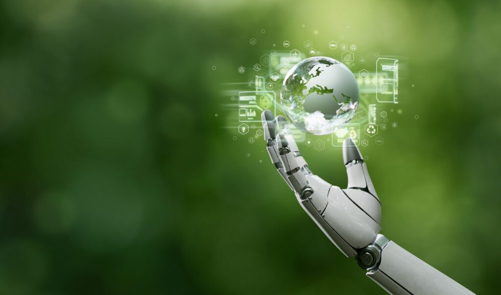 A robotic hand, symbolizing AI, holds a model of planet Earth in its hand, as a symbol of sustainability