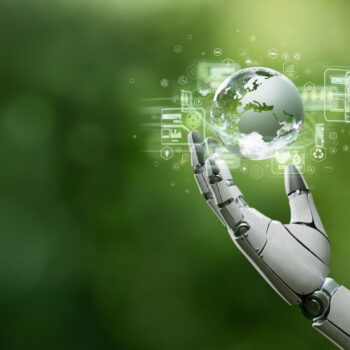 A robotic hand, symbolizing AI, holds a model of planet Earth in its hand, as a symbol of sustainability