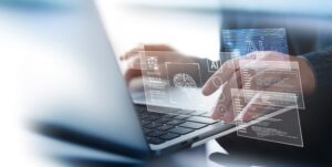 A laptop is shown from behind, along with abstract concepts symbolizing artificial intelligence